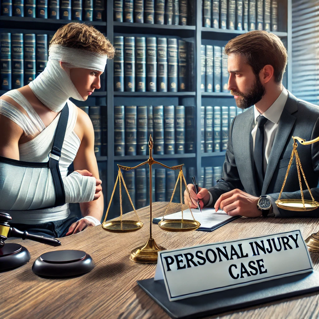 A personal injury lawyer in a professional California law office consulting with a client who has a bandaged arm. Legal documents labeled "Personal Injury Case" and a scale of justice are on the desk, symbolizing legal assistance.