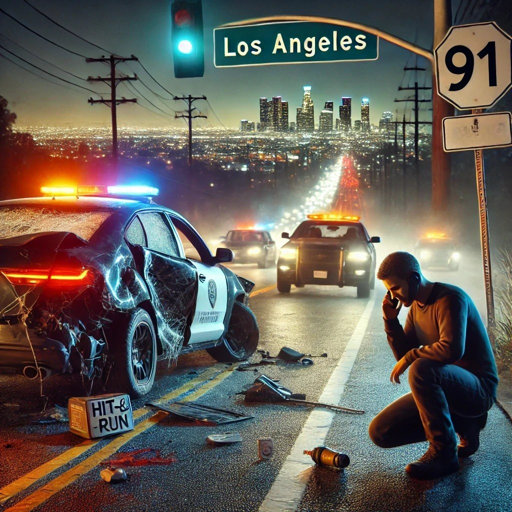 A hit-and-run accident in Los Angeles at night, showing a damaged car with hazard lights on while another vehicle speeds away. A distressed driver is making a phone call, and a police car is arriving in the background, emphasizing urgency and legal consequences.